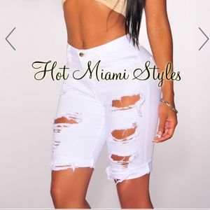 Hot Miami Styles White Destroyed Denim Shorts Sz L